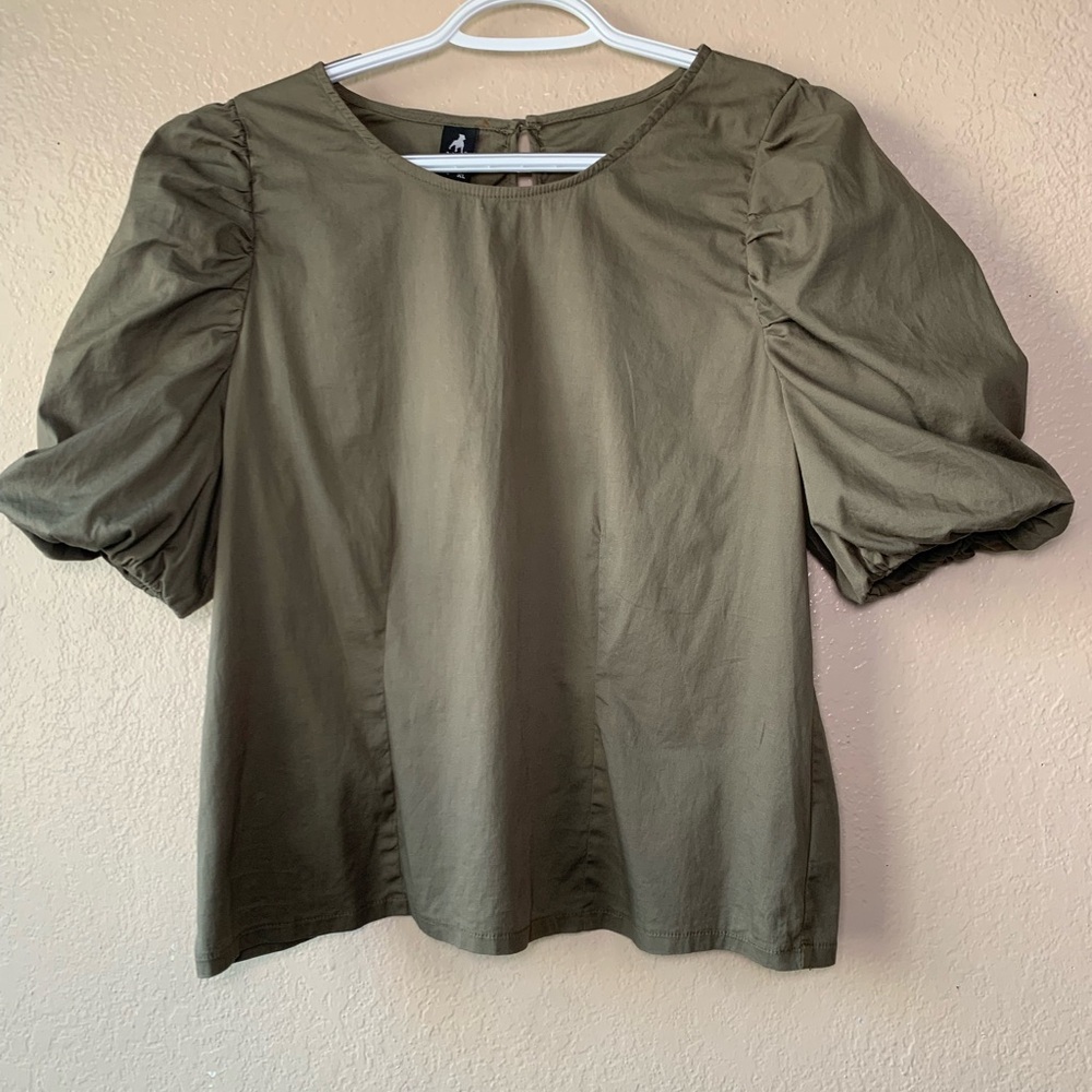 Cuidado Con El Perro Army Green Puff Sleeve CottageCore Blouse Size XL